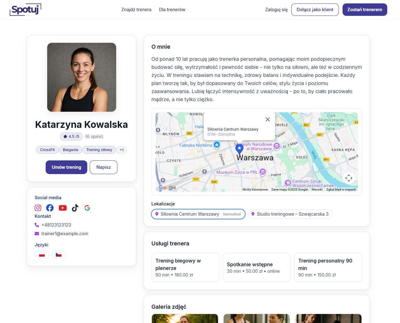 Przykładowy profil trenera na Spotuj