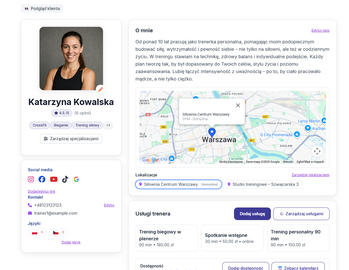 Panel i profil trenera na Spotuj