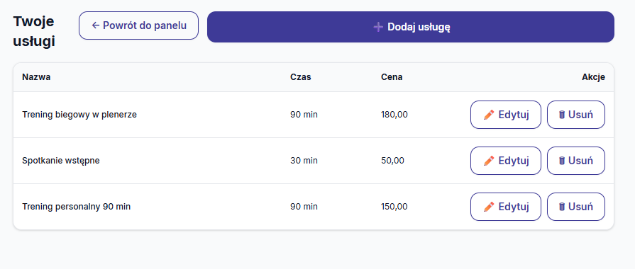 Lista usług trenera na Spotuj